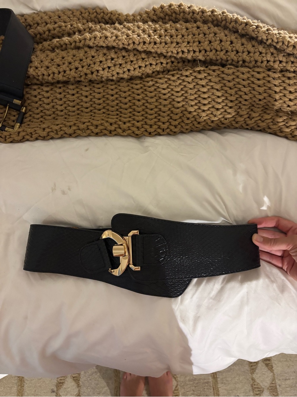 Black Stretch Waist Belt with Gold Buckle
